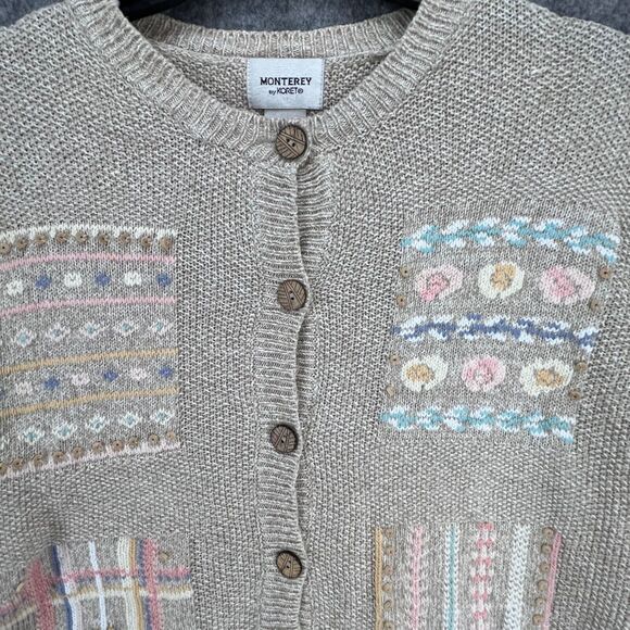 Vintage Koret Cardigan Sweater M Beige Embroidered Grandma Cottage Phoebe Buffay - Picture 3 of 15